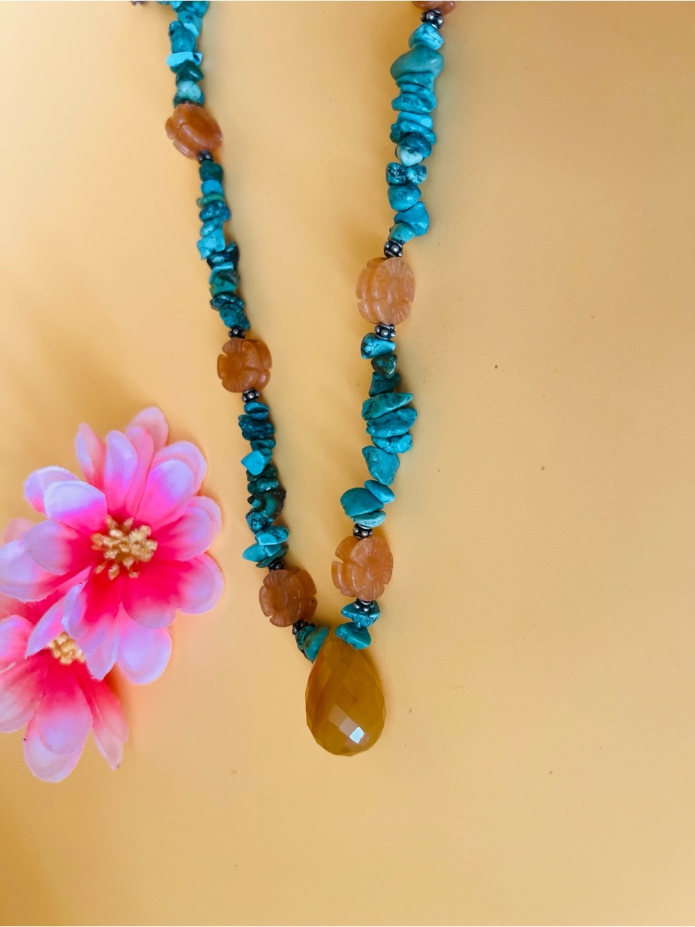 Vintage Turquoise and carved flowers Necklace with faceted pear shaped pendant